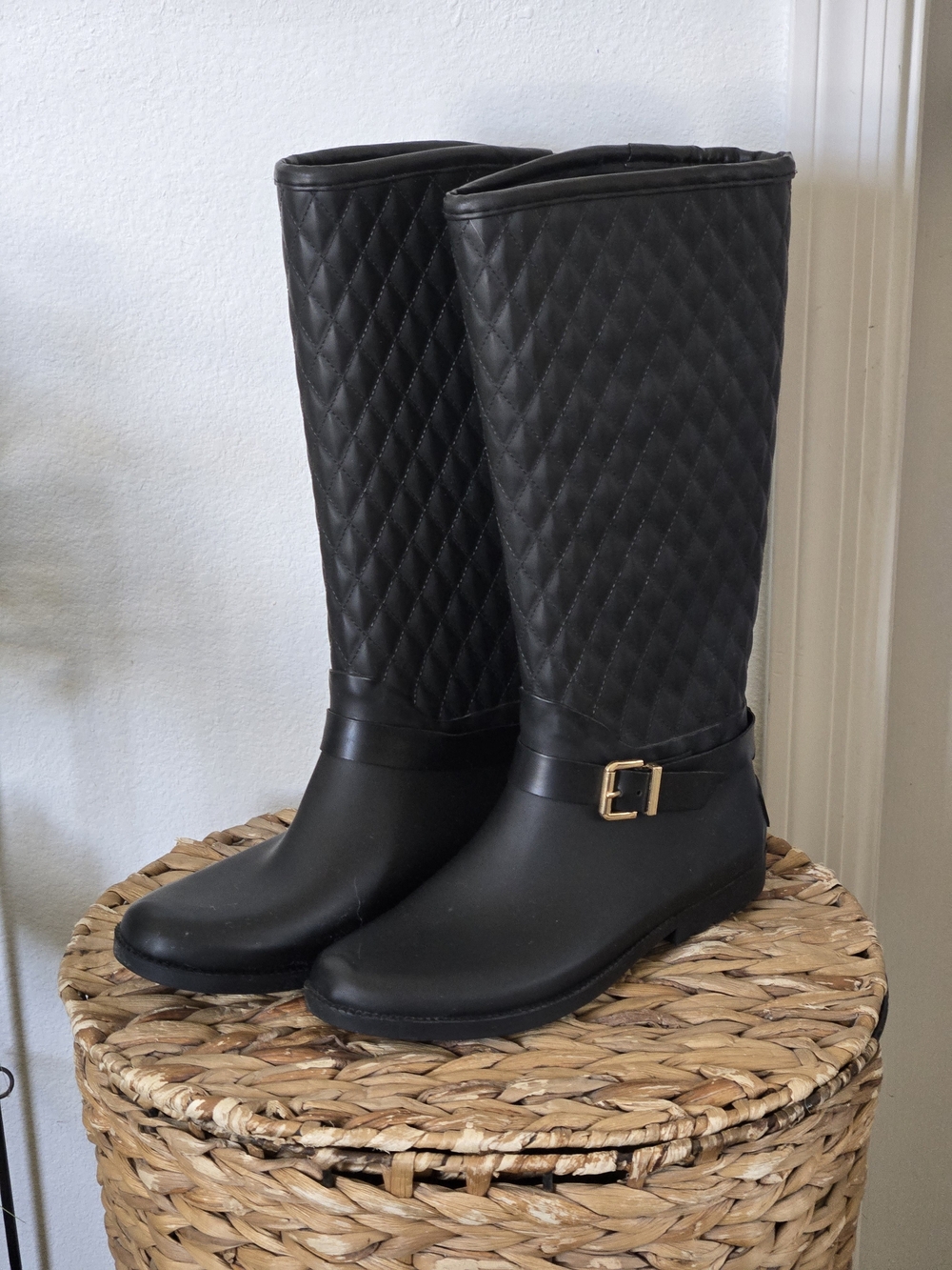 Guess LuLue Mid Calf Quilted Black Rain Boots with Gold Buckle